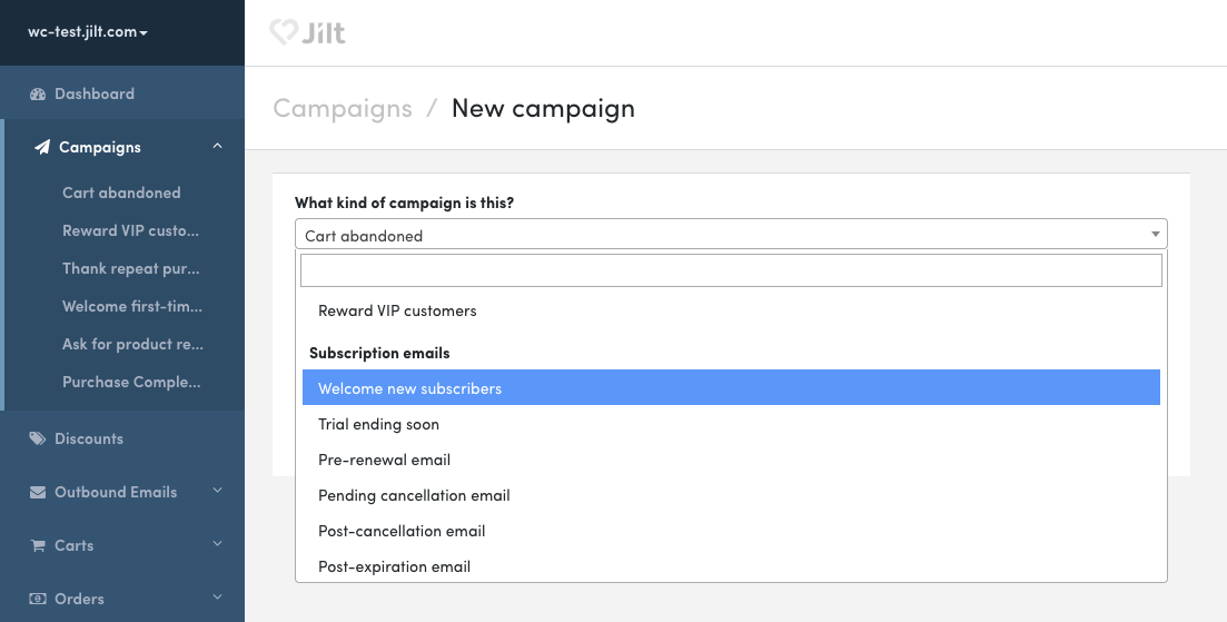 WooCommerce Subscriptions: New Jilt campaigns