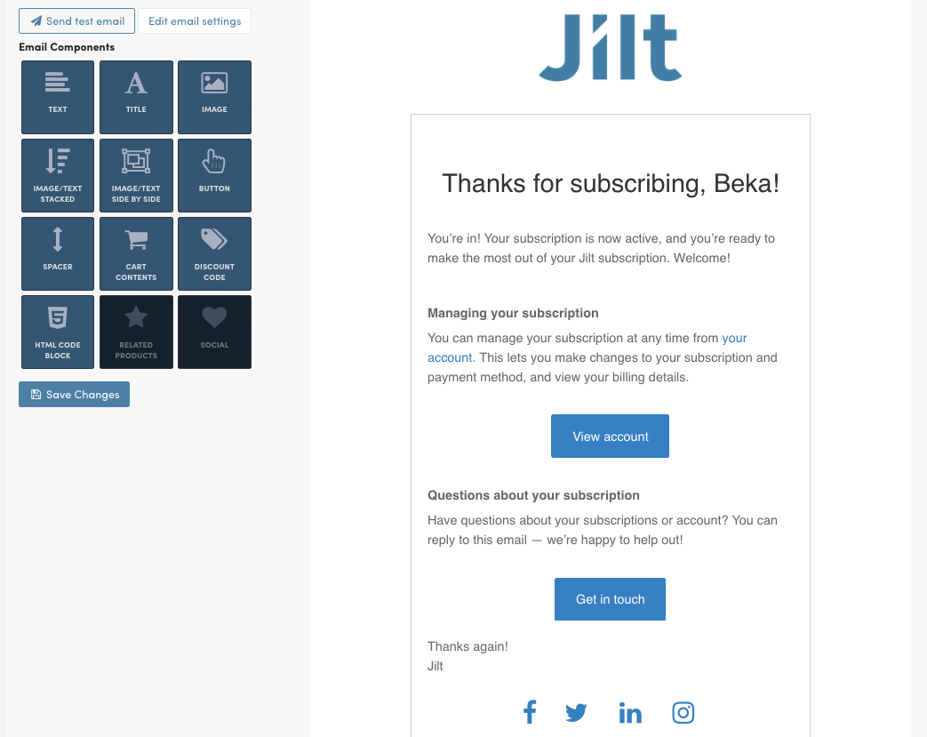 WooCommerce Subscriptions: Jilt welcome email content