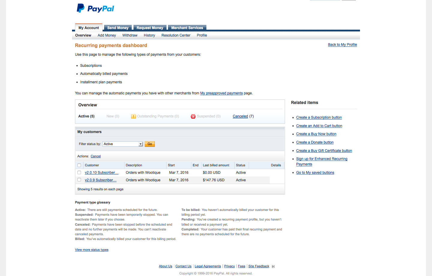 PayPal Recurring Payments Dashboard: Subscription Created with 2.0.9 shows initial amount in "Billed this Cycle" column, Subscription created with 2.0.10 show no amount