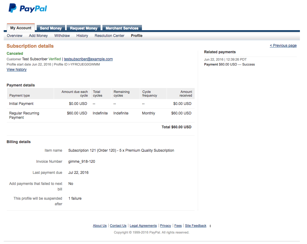 PayPal Subscription Details Page Screenshot