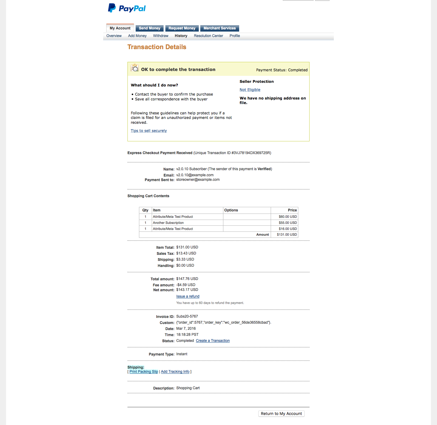 PayPal Initial Payment Transaction Details with Subscriptions 2.0.10: Line items are displayed, but no billing agreement is displayed