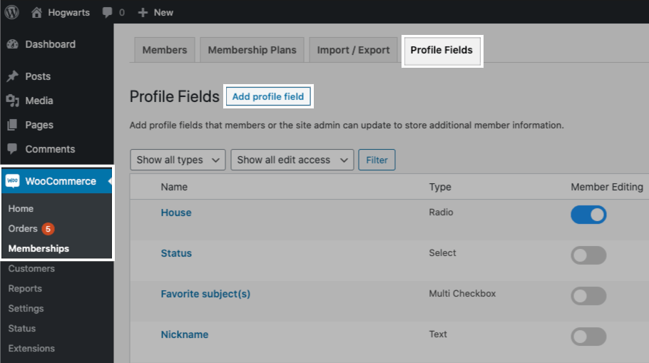 Add new profile field in WooCommerce > Memberships > Profile Fields.