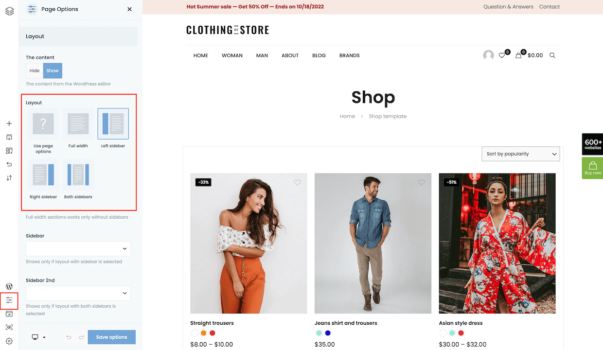 sidebar page options shop